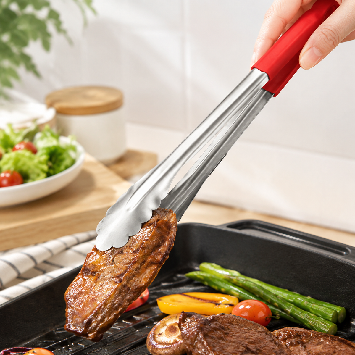 304 Stainless Steel BBQ Tongs | Heat-Resistant Food Clamps for Grilling, Frying & Cooking | Non-Slip Silicone Grip Food Tongs