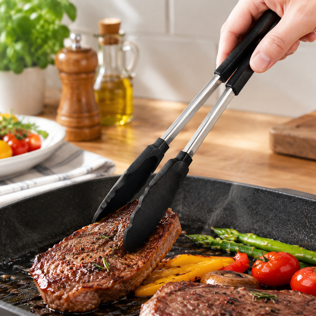 304 Stainless Steel BBQ Tongs | Heat-Resistant Food Clamps for Grilling, Frying & Cooking | Non-Slip Silicone Grip Food Tongs