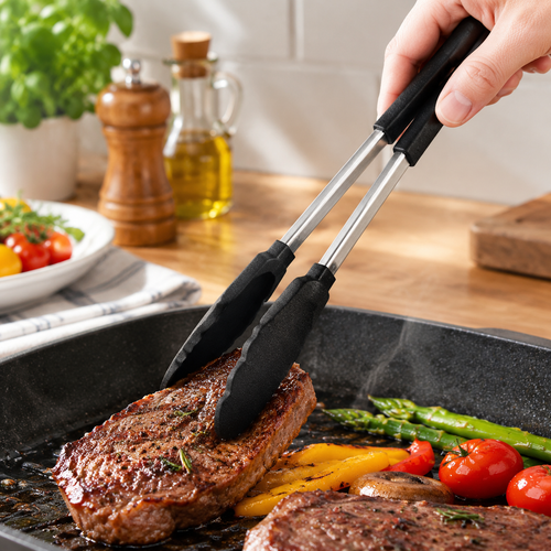304 Stainless Steel BBQ Tongs | Heat-Resistant Food Clamps for Grilling, Frying & Cooking | Non-Slip Silicone Grip Food Tongs